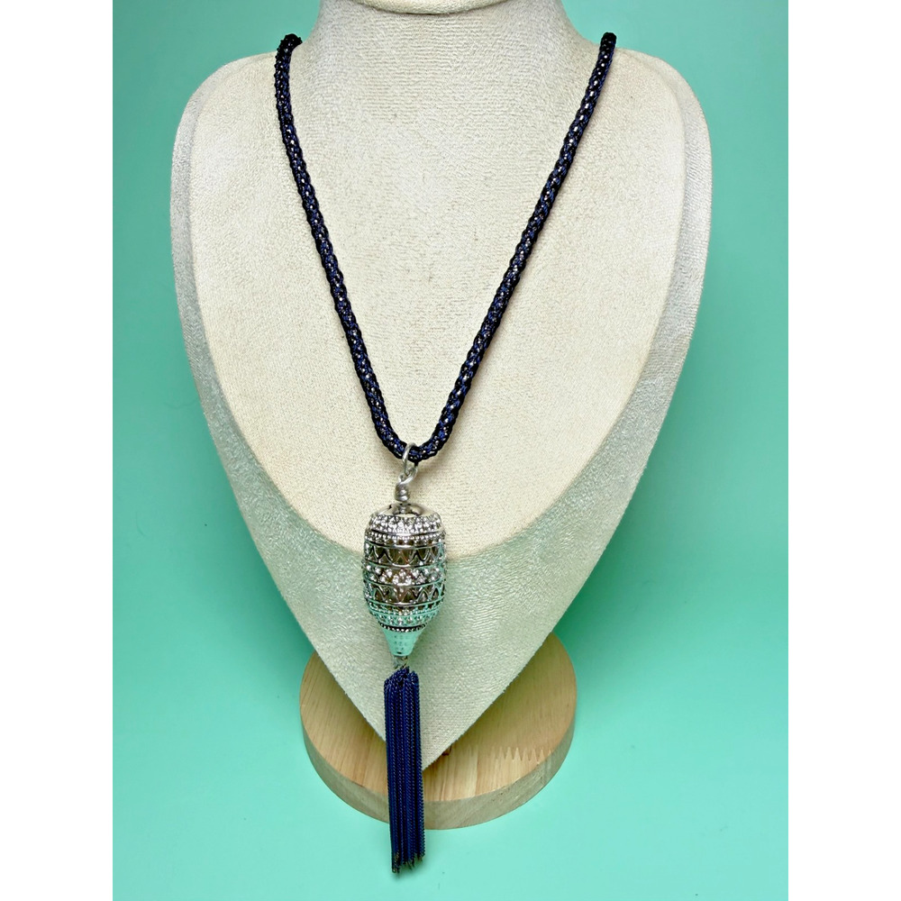 Vintage 32" Chico's Filigree Barrel Dark Navy Blue Tassel Necklace Braided Cord
